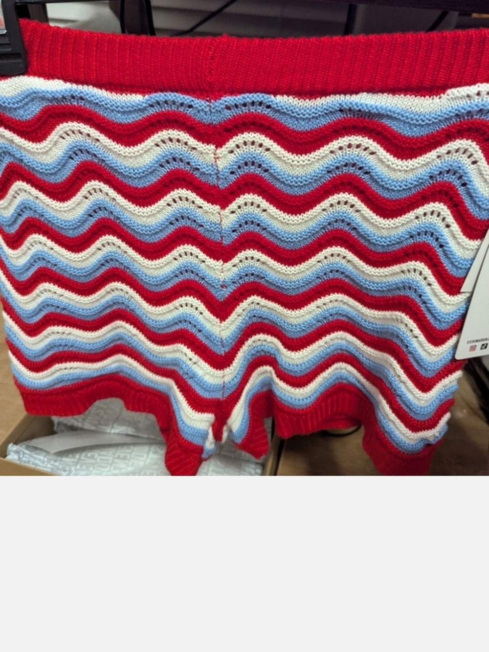 Madden Girl Red, Light Blue & White Wavy Stripe Knit Sweater